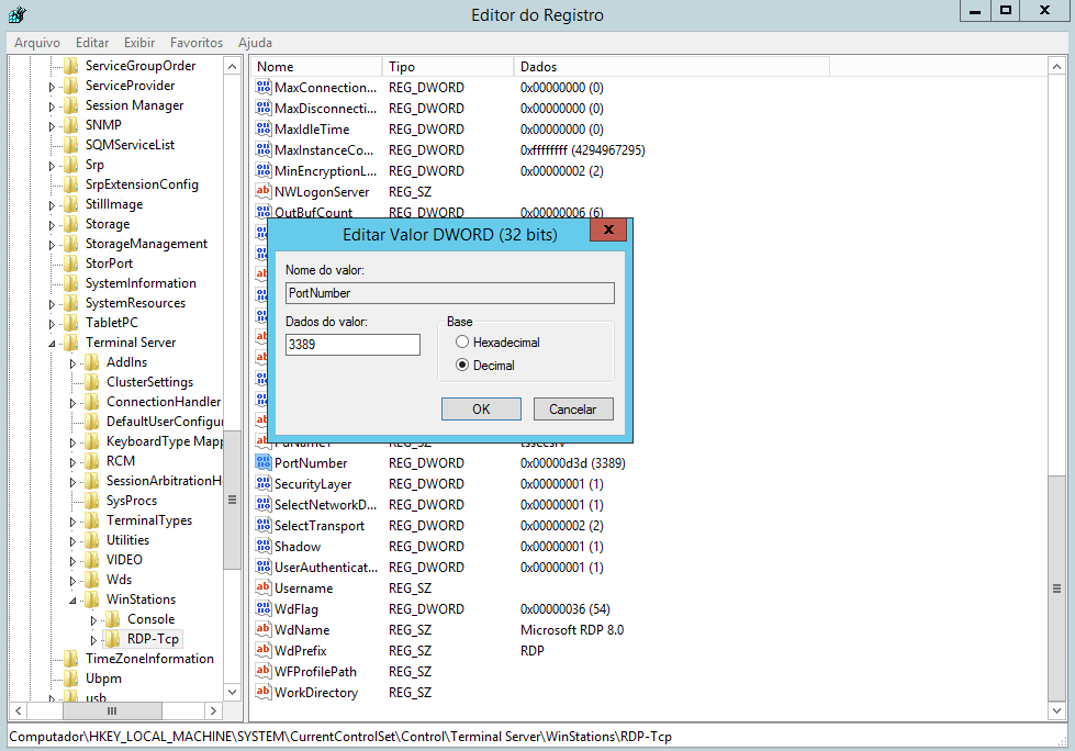Editor do Registro com o valor PortNumber aberto em Decimal, mostrando 3389